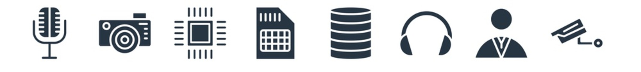 technology filled icons. glyph vector icons such as surveillance camera, client, big headphones, circular database, big sim card, big chip, vintage digital camera sign isolated on white background.