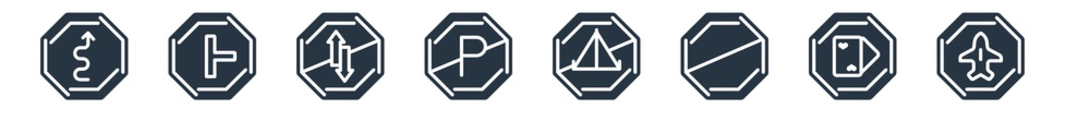 traffic signs filled icons. glyph vector icons such as airport, no gambling, forbidden, no camping, no parking, prohibited way, side road sign isolated on white background.