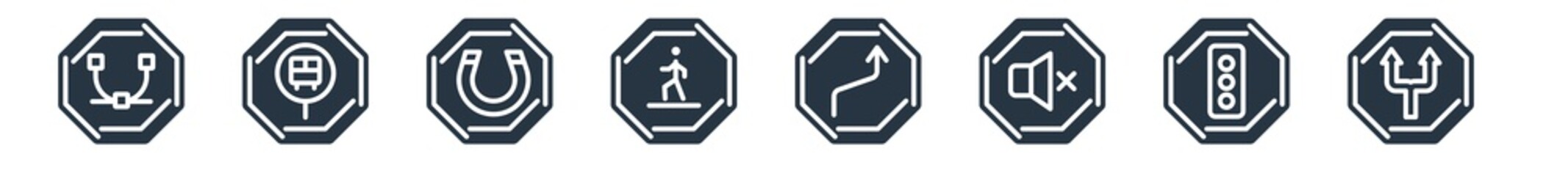 traffic signs filled icons. glyph vector icons such as two ways, , no sound, right bend, crossing, magnetic field, bus stop sign isolated on white background.