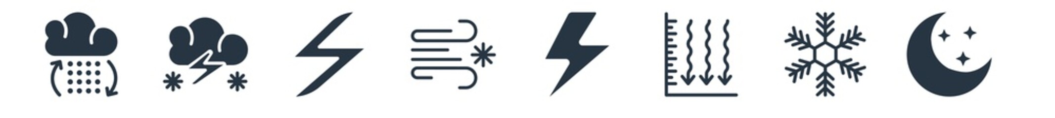 weather filled icons. glyph vector icons such as twilight, freezing, atmospheric pressure, light bolt, blizzard, bolt, thundersnow sign isolated on white background.