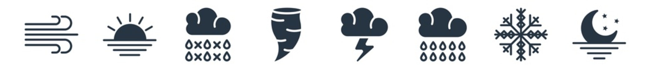 weather filled icons. glyph vector icons such as moonrise, snow, rainy day, stormy, tornado, sleet, aurora sign isolated on white background.