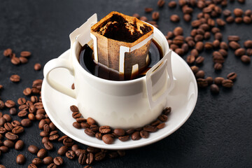 Drip or brewed coffee on black table