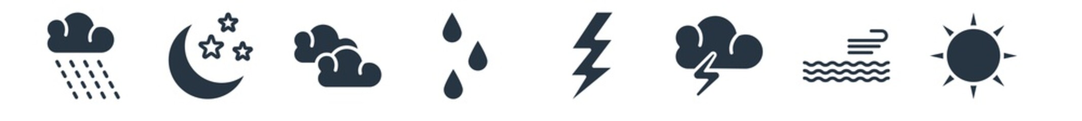 weather filled icons. glyph vector icons such as sunshine, calm, thunderstorm, thunderbolt, raindrops, altostratus, night sign isolated on white background.