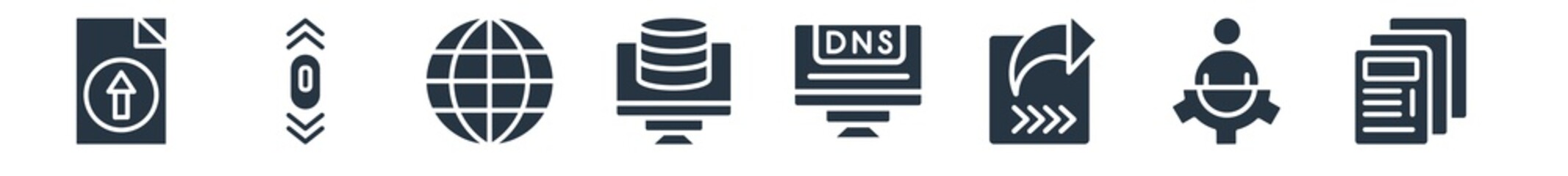 web hosting filled icons. glyph vector icons such as mockup de, tech support, forwarding, dns, feature, globe network, scrolling sign isolated on white background.