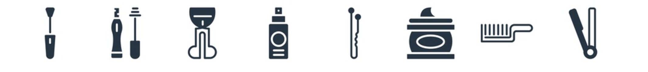 beauty filled icons. glyph vector icons such as flat iron, comb, facial cream, bobby pins, face cleanser, curler, mascara sign isolated on white background.