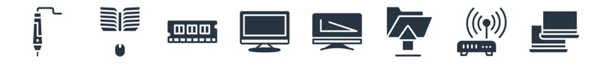 computer filled icons. glyph vector icons such as computers, wireless internet connection, save file, pc with monitor, monitor screen, random access memory chip, book and computer mouse sign