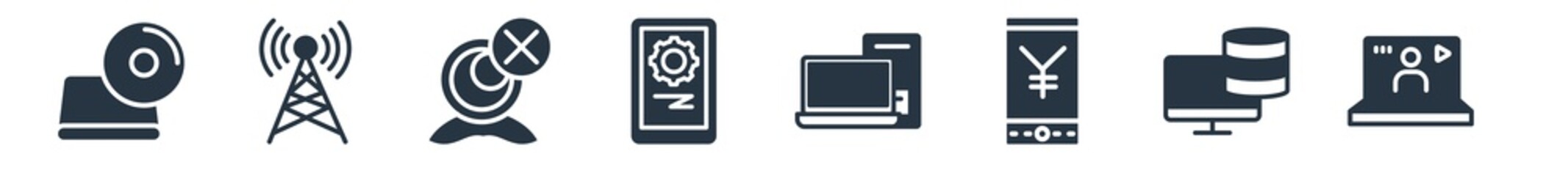 computer filled icons. glyph vector icons such as video lecture, pc storage, yen currency on tablet screen, computer tower and the monitor, tablet data settings, webcam disconnected,