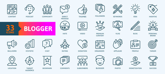 Blogger, blogging, blog -  thin line web icon set. Outline icons collection. Simple vector illustration. - 442324914