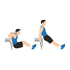 Man doing Chair. bench tricep dips exercise. Flat vector illustration isolated on white background - obrazy, fototapety, plakaty