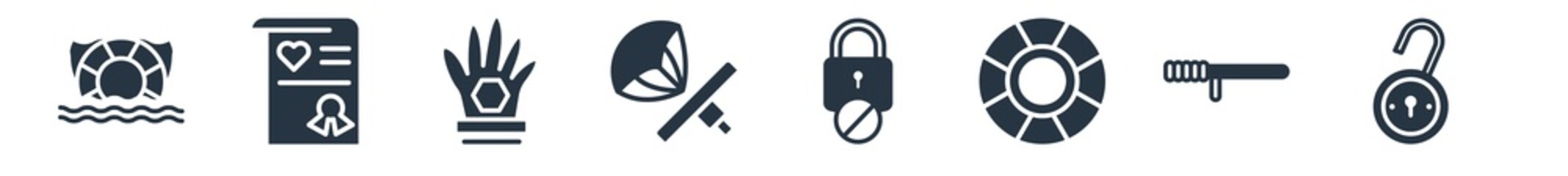 security filled icons. glyph vector icons such as padlock unlocked, police tools, lifeguard float, blocked padlock, airbag, goalkeeper, marriage certificate sign isolated on white background.