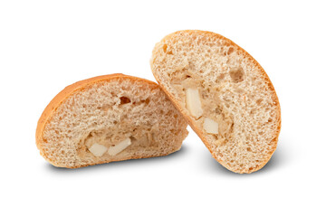 Half sliced Bun Stuffed with tuna and boiled egg isolated on white background with Clipping Path