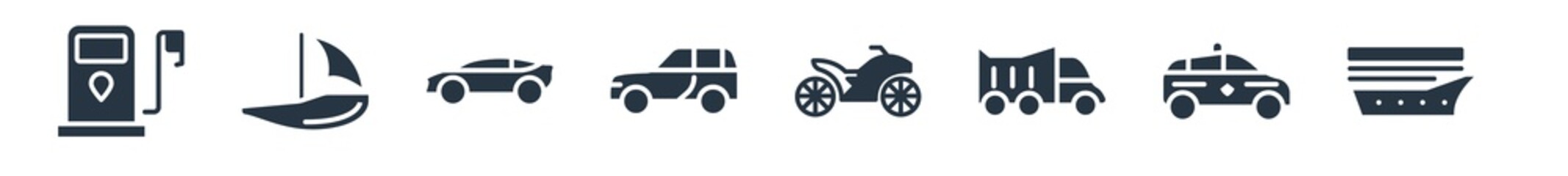 transportation filled icons. glyph vector icons such as cruiser, patrol car, litter car, all terrain vehicle, automobile, sports car, catamaran sign isolated on white background.