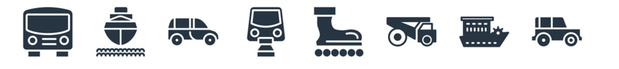 transport aytan filled icons. glyph vector icons such as all terrain, paddlewheeler, haul, inline skates, monorail, minivan, ferry boat sign isolated on white background.