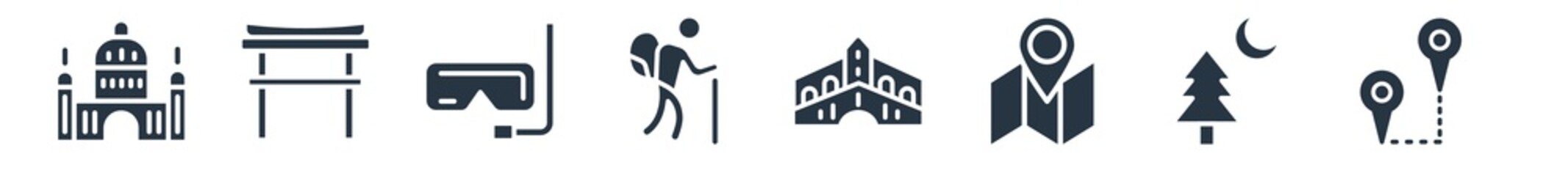 travel filled icons. glyph vector icons such as itinerary, moon and tree, unfolded map with location mark, venice, backpacker, diving goggles, torii sign isolated on white background.