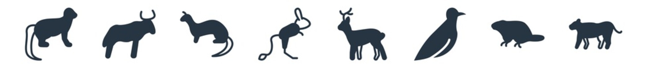 animals filled icons. glyph vector icons such as jaguar, groundhog, raven, roe, jerboa, ermine, wildebeest sign isolated on white background.