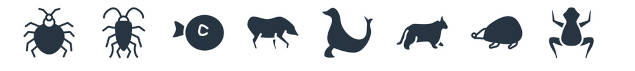 animals filled icons. glyph vector icons such as tropical frop, hegdehog, pallas cat, sea lion, hog, puffer, cockroach sign isolated on white background.