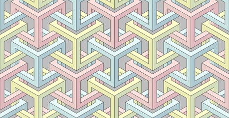 Cubes. Seamless 3D pattern. Optical illusions. Op Art. Template for fabric or wrapping. Modern textile. Geometric. Stylish background. Wallpapers. Pastel colors.  Luxury 3D Tiles.