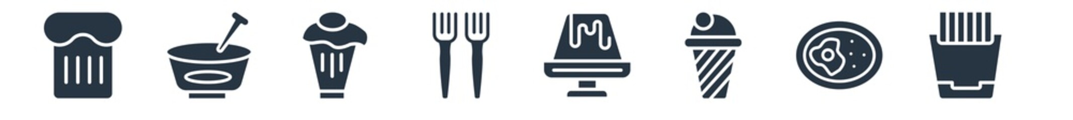 bistro and restaurant filled icons. glyph vector icons such as french fries box, combine meal, two balls ice cream cone, creme caramel, salad fork, cupcake with cherry, mortar with mace sign