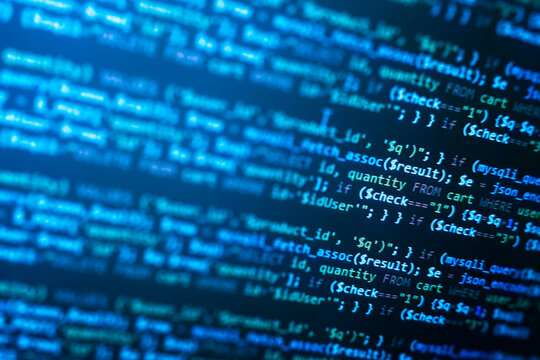 php web programming source code. Abstract code background. WWW software development. Software background. Website codes on monitor