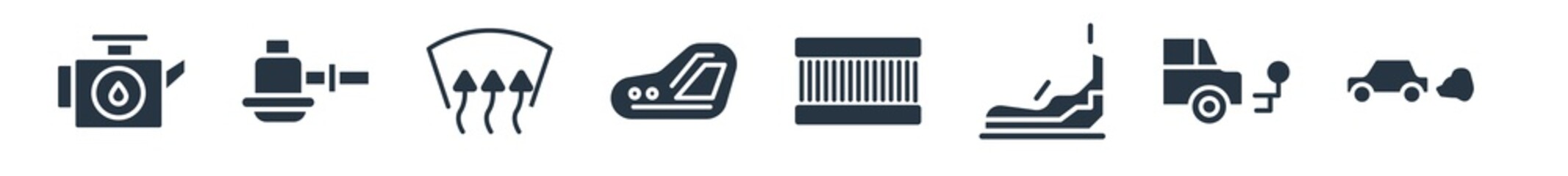 car parts filled icons. glyph vector icons such as car tailpipe, car towbar, bumper, radiator, reversing light, demister, sump sign isolated on white background.