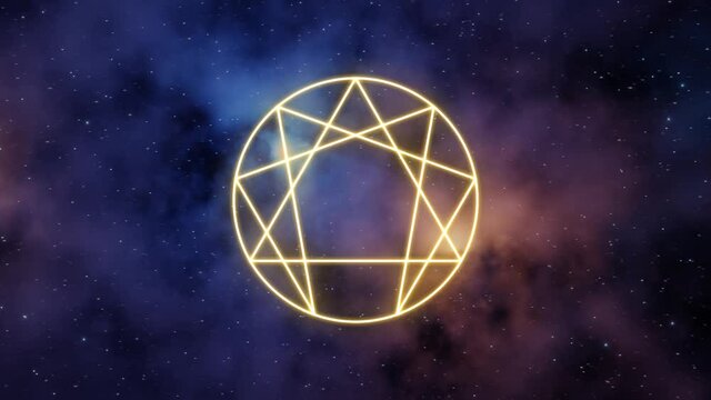 Enneagram symbol in yellow color on a background of the universe with nebulae. 3D Rendering
