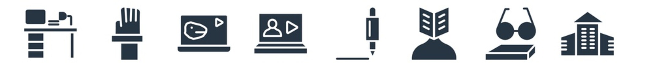 e learning filled icons. glyph vector icons such as daycare center, studying, self-learning, fountain pen, lecture, paleontology, raise hand sign isolated on white background.