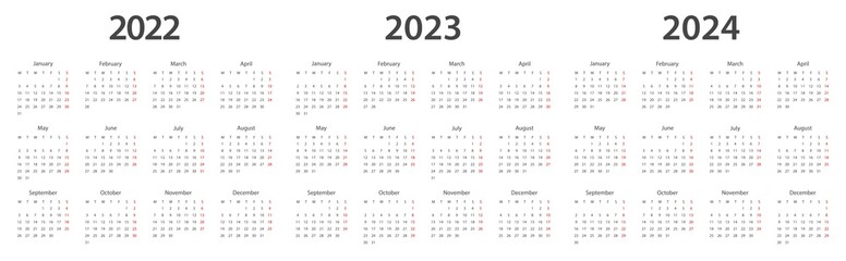 Calendar 2022, calendar 2023, calendar 2024 week start Monday corporate design planner template.