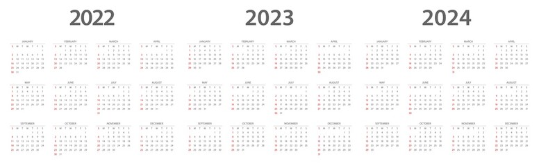 Calendar 2022, calendar 2023, calendar 2024 week start Sunday corporate design planner template.