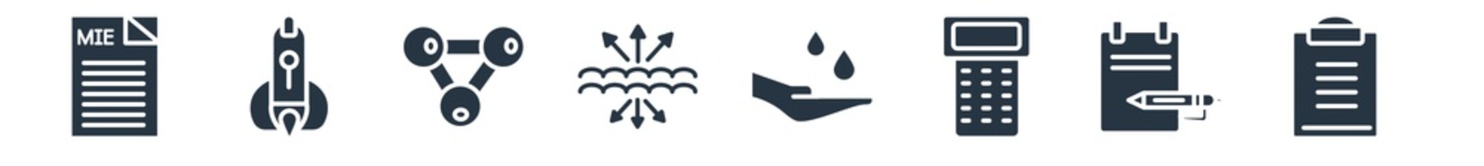 education filled icons. glyph vector icons such as written clipboard, notebook open with bookmark, school calculator, hand care, archimedes principle, chemical diagram, ballistic sign isolated on