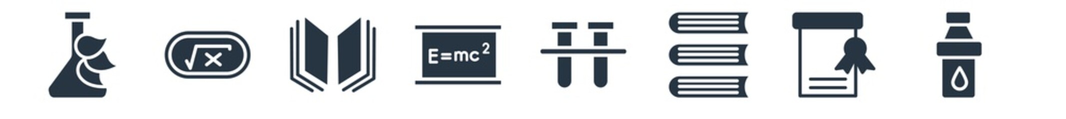education filled icons. glyph vector icons such as corrector, diploma with seal, hardbound book, communicating vessels, relativity formulae, reading an open book, square root sign isolated on white