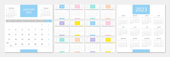 Calendar 2022 week start Monday corporate design template vector.
