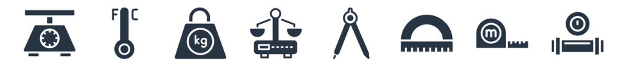 measurement filled icons. glyph vector icons such as manometer, measureming tape, protactor, open compass, old scale, old weights, thermometer fahrenheit and celsius sign isolated on white