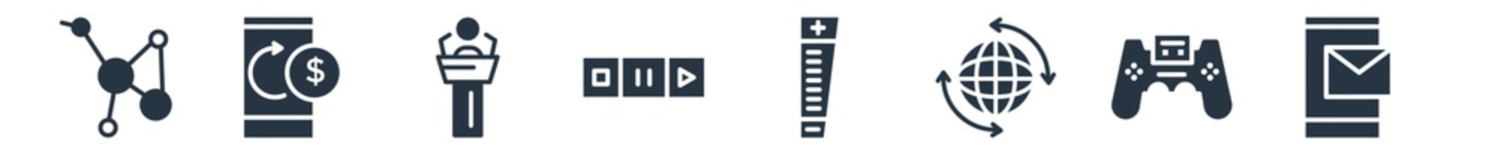 Obraz premium multimedia filled icons. glyph vector icons such as mailed, portable video game console, world wide, volume control, interface, science conference, paid sign isolated on white background.