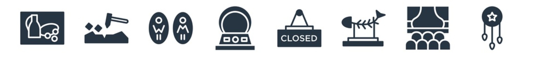 museum filled icons. glyph vector icons such as dreamcatcher, cinema, fishbone, closed, souvenir, restroom, geological sign isolated on white background.