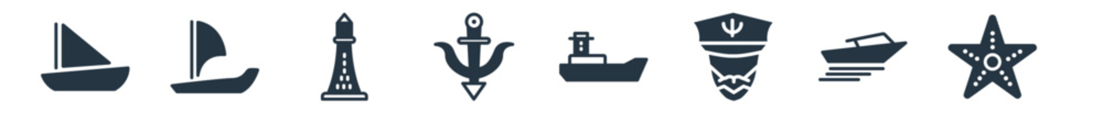 nautical filled icons. glyph vector icons such as starfish with dots, speedboat, ship admiral, scow, marine, smeaton's tower?, windsail sign isolated on white background.