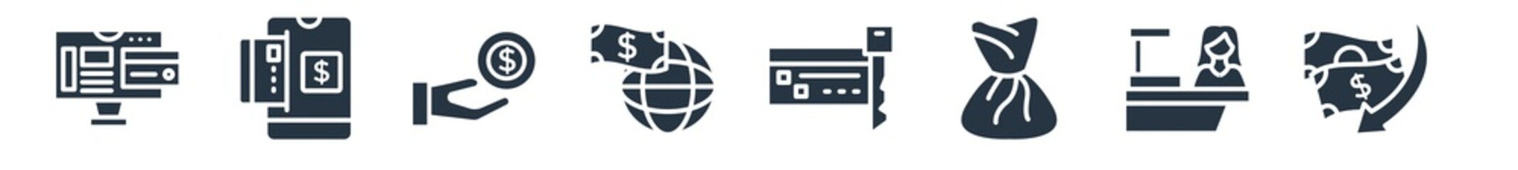 payment filled icons. glyph vector icons such as money transfer, cashier, money bag, card key, trade, pay, mobile card sign isolated on white background.