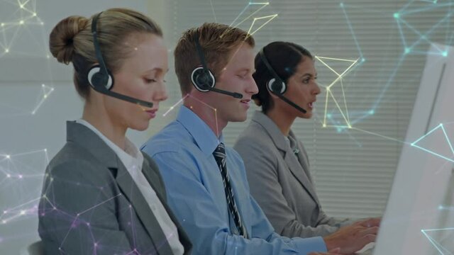 Animation of networks of connections over business people using phone headsets