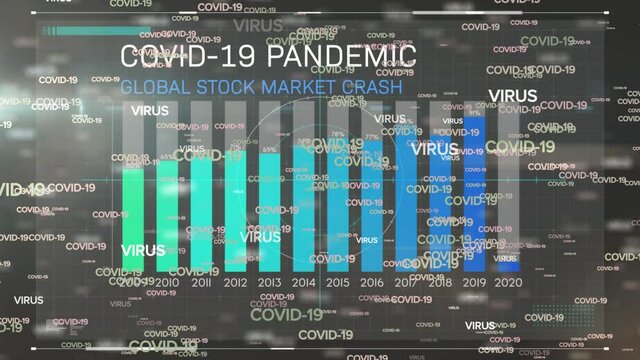 Animation of text covid 19 stock market crash with years and graph over covid and virus text on grey