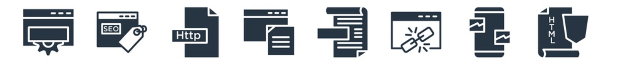 programming filled icons. glyph vector icons such as html5, ux de, broken link, article, seo keywords, http, seo tags sign isolated on white background.