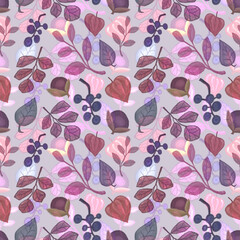 Vegetable autumn seamless pattern, drawing with pastels, colored twigs and berries on a light background.