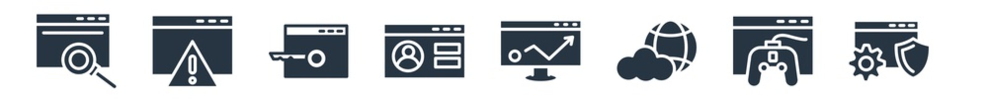 programming filled icons. glyph vector icons such as authorize, game development, cyberspace, advertising bounce, login, encripted file, error sign isolated on white background.