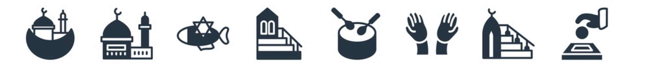 religion filled icons. glyph vector icons such as sadaqah charity, minbar, muslim praying hands, eyd drum, islamic minbar, inclined fish, islamic mosque sign isolated on white background.