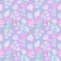 Fototapeta na wymiar Vegetable autumn seamless pattern, drawing with pastels, colored twigs and berries on a light background.