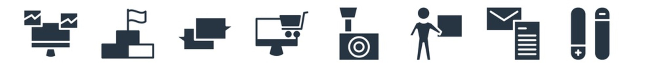 social filled icons. glyph vector icons such as pros and cons, letters, seminar, big photo camera, ecommerce, square bubble, success sign isolated on white background.