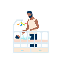 Obraz premium Dad stands by the crib and holds his child by the handle. Father's day, loving parents, happy childhood.Vector illustration on white background.