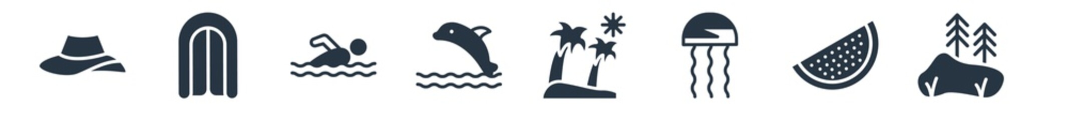 summer filled icons. glyph vector icons such as lake, slice of melon, jellyfish, island, dolphin on water waves, swimming person, air mattress sign isolated on white background.