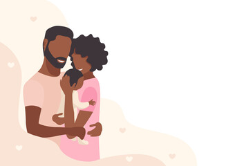 Black family couple tenderly and caringly hugging their little child. Family day, loving parents, happy childhood. Vector illustration on a minimalistic background with copy space for text.
