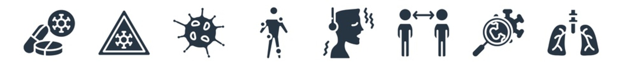 coronavirus prevention filled icons. glyph vector icons such as respiratory, magnifying glass, keep distance, cold, autoimmune disease, bug, virus warning sign isolated on white background.