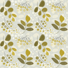 Vegetable autumn seamless pattern, drawing with pastels, colored twigs and berries on a light background.