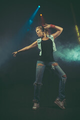 Dynamic animated young woman jumping with headphones